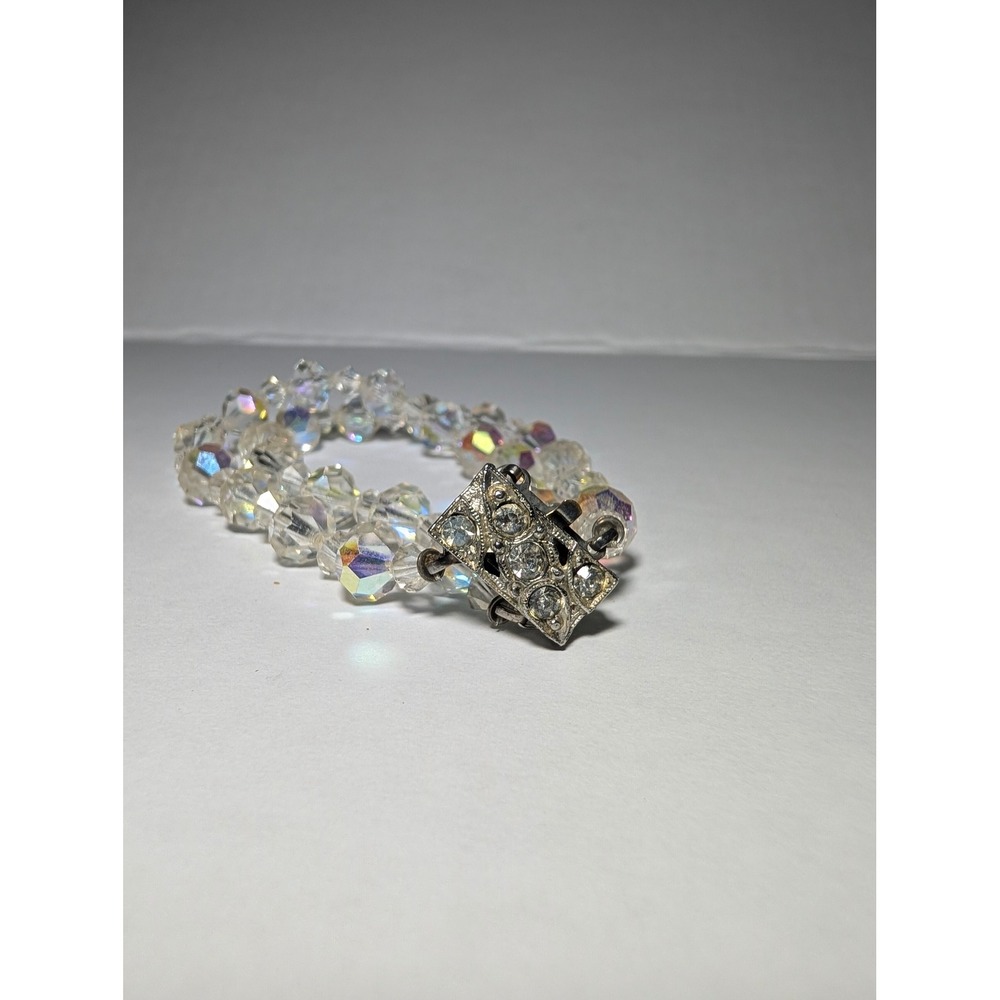 Vintage AB Crystal Bracelet 7in Clear Iridescent Aurora Double Strand Clasp